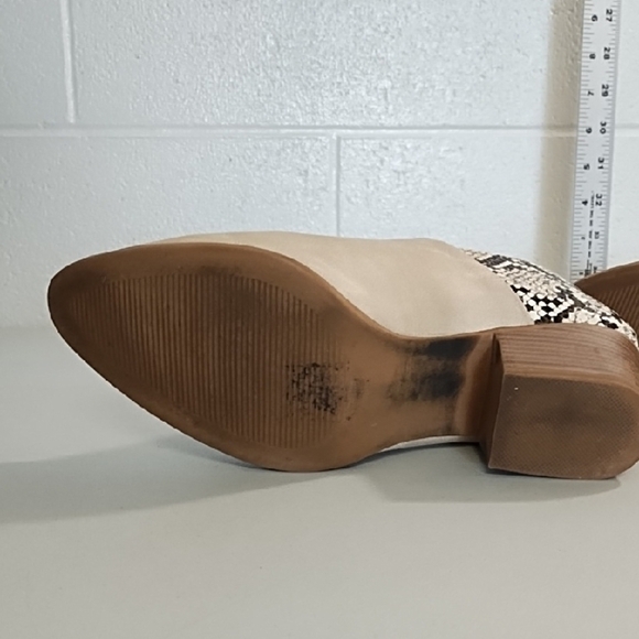 Creamy Tan and Black Mules with Snake Print Accents Zip Back 2" Heel Shoes - Picture 7 of 13